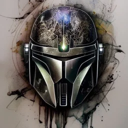 photorealistic the mandalorian helmet, illustration by <agnes cecile> <Yoji Shinkawa>, ornate and intricate details , soft smooth lighting, concept art, black satin background, soft multicolor mix