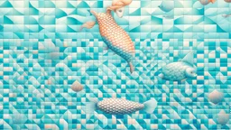 A surreal underwater scene with a mermaid-like figure swimming amidst a checkered pattern background, with a fish and other aquatic, painting by René Magritte and Georgia o'Keeffe, soft pastel colors, #pixelart resolution, watercolor granular detail, hypermaximalist, 8K