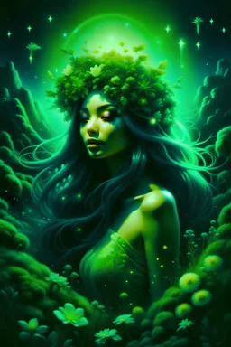 mixed race nymph with long straight green hair clothed in a dress of green algae, mossy tiara, surrounded by pink flowers, bathed in rays moonlight, large green fireflies in airspace in the foreground, chiaroscuro, natural moonlight, ultra fine detail, half smile, moon glint, kind luminous look, stars, saturated colors.
