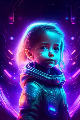 Little girl ambassador, banner, intergalactic, sci-fi, neon,
