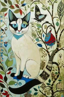 Siamese cat with blue eyes, adorned with intricate patterns and stylized buildings paints, hangs precariously from a floral-patterned board, against a mottled gray-green background. It looks directly at the viewer while a speech bubble above its head states "Good Morning". Three stylized birds in various colors and patterns stand on the branch and board above and below the cat, whimsical, expressionist painting, diswashed, Aging effects, Ogata Kōrin style.