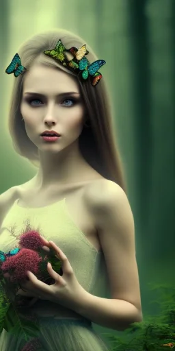 Beautiful pretty girl in picture in foggy forrest afternoon, butterfly, 8k resolution, super detail realístic, fantasy