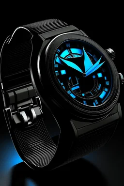 Generate a high-resolution image of a sleek and futuristic Batman-watch. The watch face should prominently feature the iconic bat symbol, and the color scheme should be predominantly black and dark gray, with subtle blue accents. The strap should be made of durable, textured material, and the watch should be shown on a reflective surface to enhance its sleek appearance."integrated seamlessly into the interface, with a dark and minimalist theme. Showcase the watch on the wrist of a person