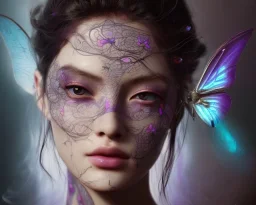 Beautiful mystical butterfly portrait, dark fantasy, romanticism, acrylic paint, chinese painting, magazine, highly detailed, ethereal, otherworldly, backlighting, rays of shimmering light, persian empire, artstation, silver, purple, black, teal, aqua, yellow, olive, vibrant, intricate,