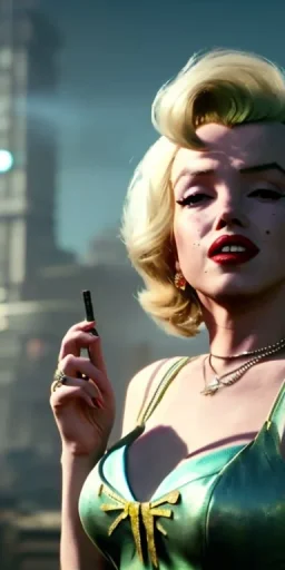 Marilyn Monroe, in full growth, smokes a cigarette, cyberpunk2077, photorealistic, 8k