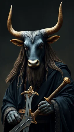 A bull with human face with long hair and beard like ancient Sumerian wearing a religious monk black suit and holding a sword