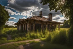 Countryside, abandoned train station, sunny day, clouds, high weeds, railways, trees, very epic