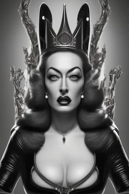 Joan Crawford as evil queen in black leather, busty, cleavage, dominatrix, curvy, angry, stern look. unreal 5, octane render, cinema4d, dynamic lighting, dramatic lighting, 4k, redshift render, highly detailed, hyper realistic,anthropomorphic black wolf long