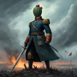 a heroic humanoid cactus wearing a blue prussian uniform, standing on a battlefield, wielding a sword during a storm, burning sky, tattered flag on the ground