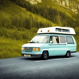 A Campervan is parking in a norwegian Fjord