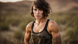 beautiful caucasian female technician, black tank top, well toned muscles, weathered face, scratched sand camo metal details, short brunette wavy bob haircut, dystopian, desert scene