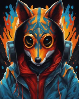 Vibrant and dynamic masterpiece with fluid patterns forming a killer fox wearing a hood and a gas mask, its eyes are intense. Bright colors of red, blue and a touch of yellow, creating a fascinating effect. The black background creates a strong contrast, making the colors stand out even more., concept art, dark fantasy, vibrant, painting, portrait photography