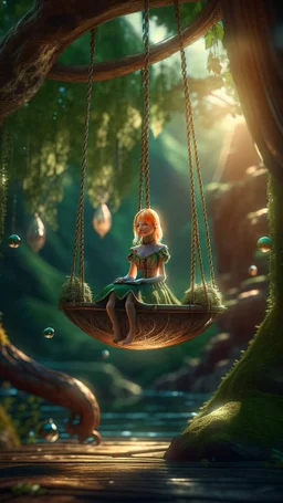 portrait of elf princess on a swing inside a boat crystal ball hanging from a tree in the mountain , shot on Hasselblad h6d-400c, zeiss prime lens, bokeh like f/0.8, tilt-shift lens 8k, high detail, smooth render, down-light, unreal engine, prize winning