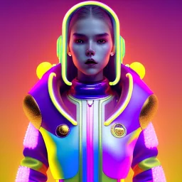 latin woman teenager, few freckles, gold teeth, inflatable coat, purpurin, retro futuristic, latex dress, gradient color, BLUE, PINK, CYAN, neon, insanely detailed, 16k resolution, perfect eyes, cinematic smooth, intricate detail