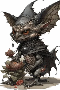 Artist Jean-Baptiste Monge style. A humanoid biomechanical Black bat-flower headed Baby with red eyes and a black dress. Modifiers: award winning crisp quality very cute