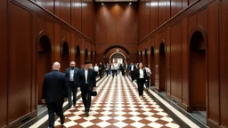 A large indoor hallway with a checkered tile floor and high ceilings. The walls are made of dark wood panels and there are arched doorways leading to other rooms. Several people are walking through the hallway, some wearing suits and others in casual clothing