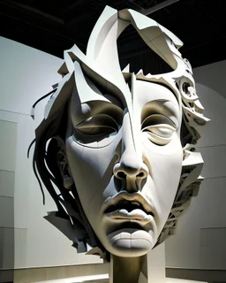 a huge sculpture with a surreal design in museum setting. It appears to be a human face, female, that is deconstructed into various pieces, with some elements such as the eyes, nose, and mouth still recognizable. The sculpture gives the illusion that parts of the face are suspended in air, disjointed from one another, creating a visual effect that plays with perception and the concept of form. The sculpture is made of golden mirror stainless steel. The sculpture is set on a pedestal