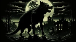 "Vintage Hollywood Horror Elegance: Design a classic film poster in captivating film noir style, featuring a menacing werewolf bathed in moonlight. The eerie glow illuminates a Gothic cityscape backdrop. Deliver a chilling sense of terror and suspense with chilling details, enhancing the old-world mystique of both beast and setting."