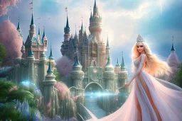 castle in background, beautiful, soft, big smiling, straight and long blonde hair, blues eyes, dewy and shiny atmosphere, diamond crown, long fairy wings in the back, full head, pink veil clothes