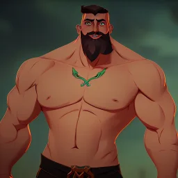 muscular shirtless man with big beard and big mustache and green eyes