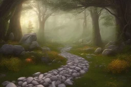  winding stone path lit river