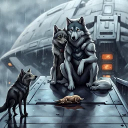 digital art front in picture an of little dark dog like creature stands and looking an anthropomorphic wolf couple sitting on the spaceship's ramp close together, the female wolf sits behind pale gray male wolf and puts one paw on the dark gray wolfman's shoulder, raini day, on ramp a little piece of meat lies down, high contrast, high detalied, high realistic, in background detail of a spaceship is visible. Rain, The atmosphere is a seamless blend of sci-fi and dark fantasy mood, digital art