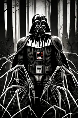 Darth vader with spider legs in a dark forest