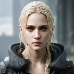 Photorealistic close-up of a beautiful blonde ninja with dystopian clothes and background