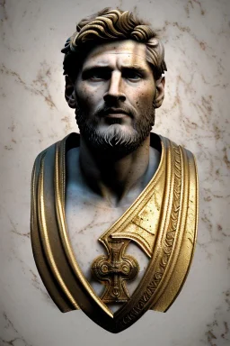 Ultra Realistic image, Roman sculpture, white marble material, Lionel Messi, gold Laurel leaves wreath, renaissance ornaments, one gold star in heart, marble background, chisel style, waist up portrait, emperor style, epic, celestial, cinematic lighting, God light, god rays, 4k resolution, smooth details, ornate details, soft lighting, unreal engine 5, art station, substance 3d.