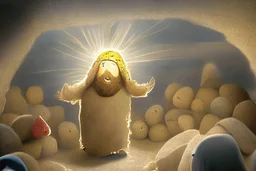 The Potato Nose God's son Jesus arrives home.Jesus arrived in heaven with two piles of skins, where the Potato Nose God was waiting with champagne.