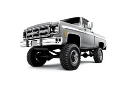 front corner 1973 GMC square body truck(lifted) facing to viewer's left, gray background, high contrast black and white vector