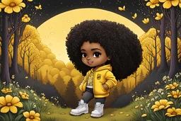 Create an stippling art illustration of a chibi cartoon black female thick curvy wearing a cut of yellow hoodie and black jeans and timberland boots. Prominent make up with long lashes and hazel eyes. Highly detailed shiny black curly afro hair. With a basket of wildflowers in hand and a smile that could outshine the sun, Lily ventured into the enchanted woods that bordered her village.As she skipped along the winding path, Lily spotted a shimmering light twinkling among the trees. Curiosity piq