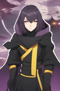 Woman in 3with short lavender hair, yellow eyes, wearing a black cloak and futuristic black clothes, holding ninjato, Japanese background, RWBY animation style