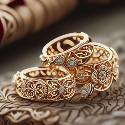 Elegant and intricate gold wedding bands with diamond accents