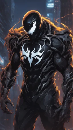 Venom with no eyes mix with machine in solo leveling shadow artstyle, cyberpunk them, intricate details, highly detailed, high details, detailed portrait, masterpiece,ultra detailed,best quality