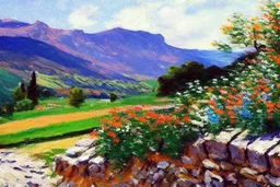 Mountains, sunny day, cloids, stone wall, flowers, pathways, grass, vegetations, distant trees, lesser ury impressionism painting