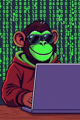A grinning Monkey sitting in front of a laptop, hacking systems, wearing a hoodie and sunglasses. Matrix in background. Pixel Art. Profile Picture. Avatar. Pixel