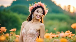 A gorgeous smiling Asian model in a fairy outfit in a field of flowers at sunset a crystal castle at background