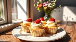 close up three delicates tart cakes filled citrone creme top strawberry, on a nice ceramic plate on a wooden table. professional food photo, Natural, warm sunlight streams in from a window on the left, casting pleasant shadows and creating a cozy, vase with meadow flowers, relaxed morning atmosphere