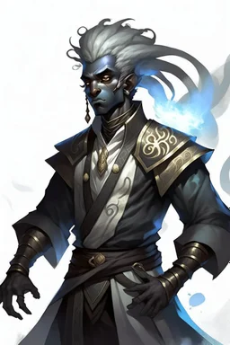 A young male Air genasi fra d&d with black skin smoke some hair