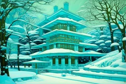 A cyan winter wonderland painted by Frank Lloyd Wright