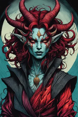 highly detailed color woodcut concept illustration of a world weary, female Tiefling sorceress character , maximalist, sharp focus, highest resolution, in the styles of Alex Pardee, Denis Forkas , Bill Sienkiewicz, and Masahiro Ito, boldly inked, 8k, coarse, gritty textures