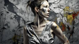 An artistic image depicting a woman against a textured abstract background. The woman's skin is painted irregularly, following a Jackson Pollock-style pattern, covering her entire body. The background is gray with a rough texture that complements the intensity of the body paint. The overall composition is asymmetrical, emphasizing its artistic and avant-garde nature.