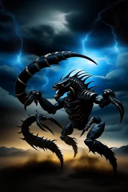 Black Scorpio emblem on a burning landscape background With its Tail curled up behind his back ready to strike and from claws grasping under a storming sky with blue lightening striking around it