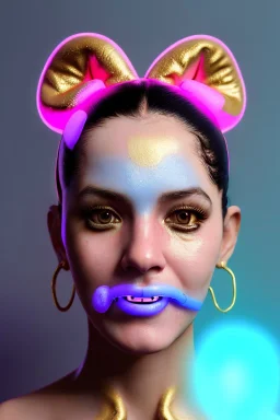 Ultra Realistic image, Rosalía artist, smile portrait, waist up portrait, long black eye line, sweet face, gold pink and blue geisha style, spray glow make up, led lights, neon, led piercing nose, gold teeth, led ornament, fog, oversized bubble latex coat, vibrant color, highly detailed, art stations, concept art, smooth, unreal engine 5, god rays, ray tracing, RTX, lumen lighting, ultra detail, volumetric lighting, 3d, finely drawn, high definition, high resolution.