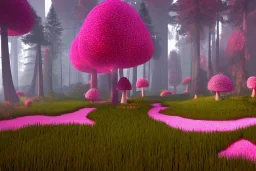 Fantasy dreamworks Paysage forêt maison dans les grands arbres avec champignons roses et une rivière bordée de grandes fleurs roses, lumiere volumetrique, unity engine