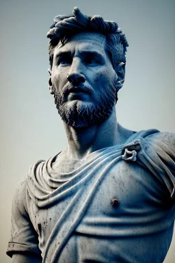 Ultra Realistic image, roman sculpture, deluxe white marble material, Lionel Messi, laurel crown, Renaissance style, miguel angel style, chisel style, emperor, waist up portrait, epic, celestial, cinematic lighting, God light, god rays, 4k resolution, smooth details, ornate details, unreal engine 5, blue vibrant background.