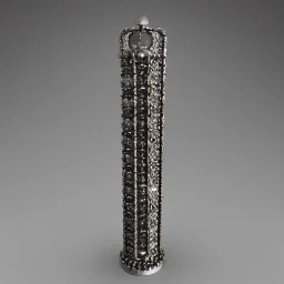 fantasy, digital art, long metal cylinder, object, chain, metallic, dark metal, gem encrustations, massive, engravings