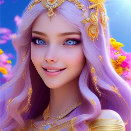 Beautyful smiling young woman, long hair amazing blue eyes, flowers, happy cosmic, bright colors, blue, pink, gold, jewels, realistic, photo real, clear sunny background, highly detailed, high contrast, 8k high definition, unreal engine 5, extremely sharp detail, light effect, sunny light background