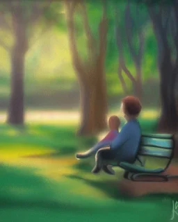 park mystical dream, park bench, man, woman, child, dog, trees, path, bird, sunshine, mystical, fantasy, romanticism, pastel colors, daylight, daytime, acrylic painting, detailed, soft focus,